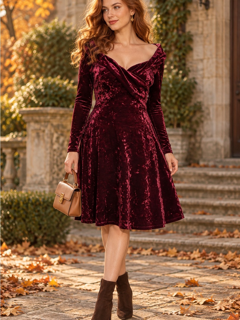 Chelsea28 Velvet Off-Shoulder Fit & Flare Dress in Burgundy